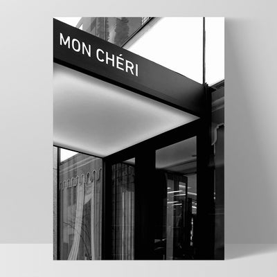 Mon Cheri Entrance B&W - Art Print, Poster, Stretched Canvas, or Framed Wall Art Print, shown as a stretched canvas or poster without a frame