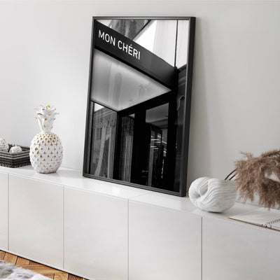 Mon Cheri Entrance B&W - Art Print, Poster, Stretched Canvas or Framed Wall Art Prints, shown framed in a room
