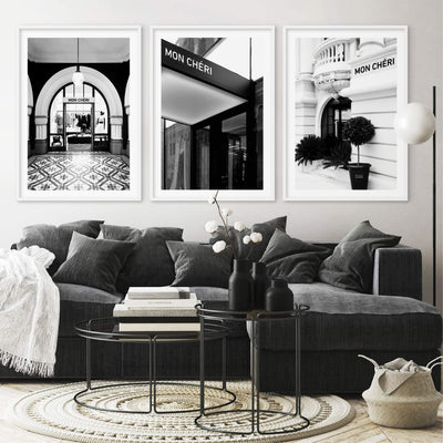 Mon Cheri Entrance B&W - Art Print, Poster, Stretched Canvas or Framed Wall Art, shown framed in a home interior space