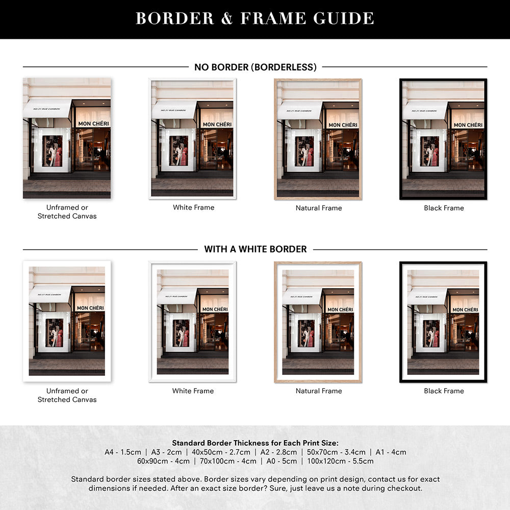 Mon Cheri Facade Blush - Art Print, Poster, Stretched Canvas or Framed Wall Art, Showing White , Black, Natural Frame Colours, No Frame (Unframed) or Stretched Canvas, and With or Without White Borders