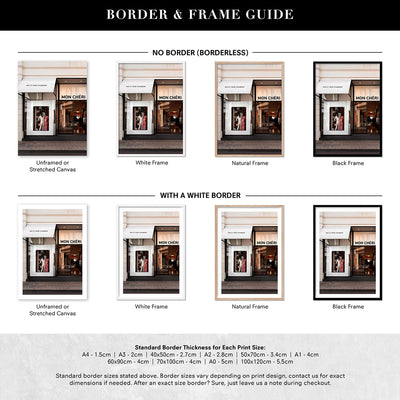Mon Cheri Facade Blush - Art Print, Poster, Stretched Canvas or Framed Wall Art, Showing White , Black, Natural Frame Colours, No Frame (Unframed) or Stretched Canvas, and With or Without White Borders