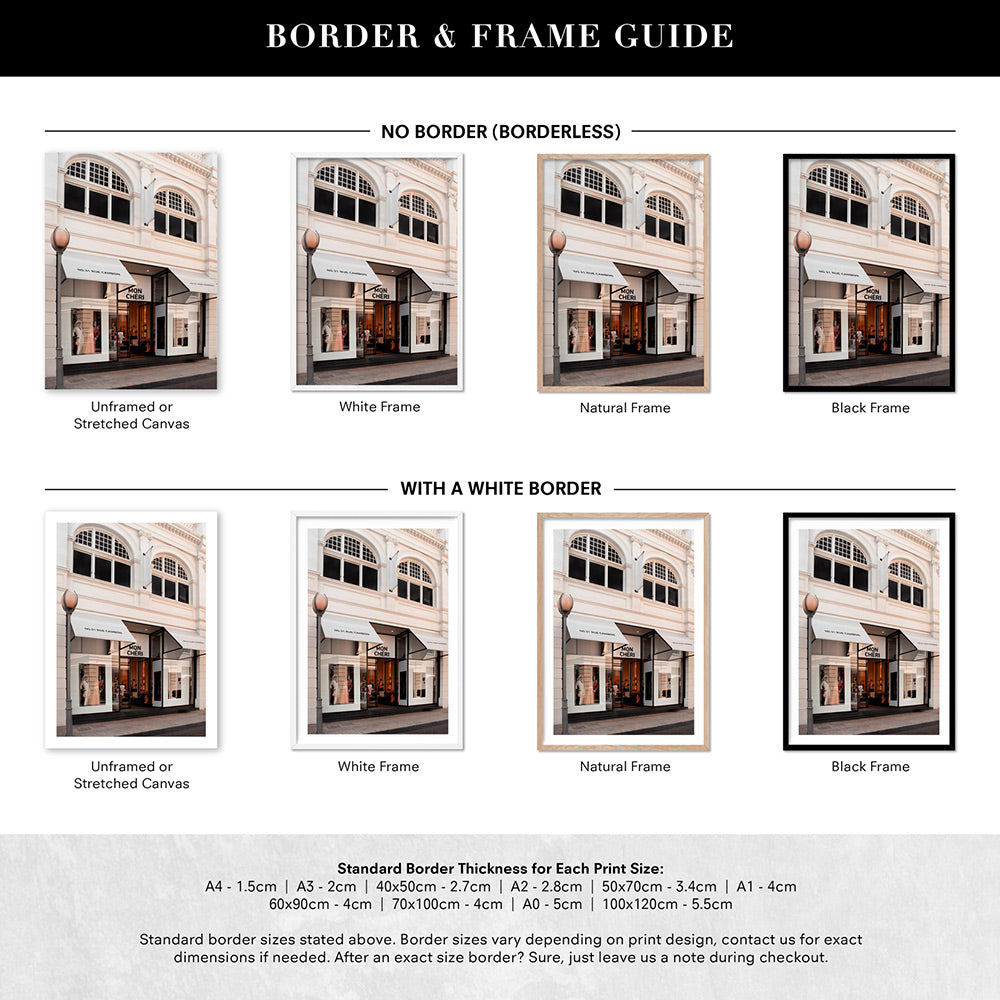 Mon Cheri Facade Blush II - Art Print, Poster, Stretched Canvas or Framed Wall Art, Showing White , Black, Natural Frame Colours, No Frame (Unframed) or Stretched Canvas, and With or Without White Borders