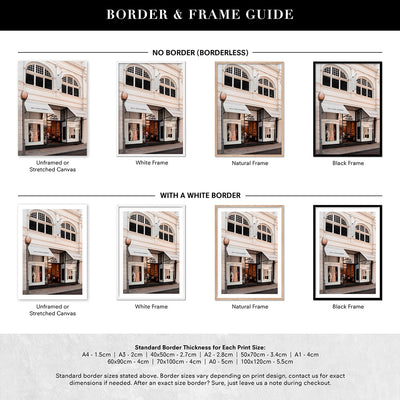Mon Cheri Facade Blush II - Art Print, Poster, Stretched Canvas or Framed Wall Art, Showing White , Black, Natural Frame Colours, No Frame (Unframed) or Stretched Canvas, and With or Without White Borders
