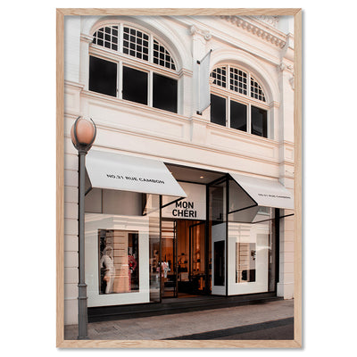 Mon Cheri Facade Blush II - Art Print, Poster, Stretched Canvas, or Framed Wall Art Print, shown in a natural timber frame