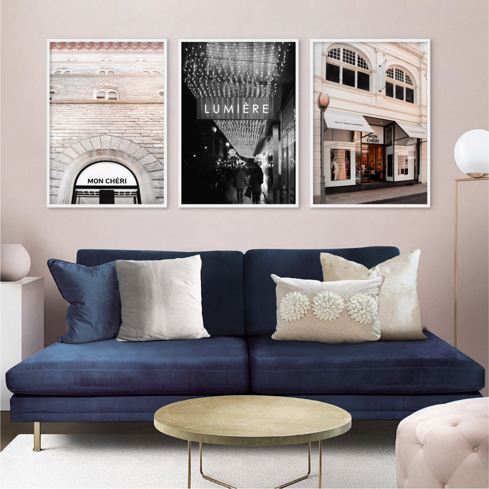 Mon Cheri Facade Blush II - Art Print, Poster, Stretched Canvas or Framed Wall Art, shown framed in a home interior space