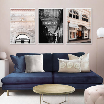 Mon Cheri Facade Blush II - Art Print, Poster, Stretched Canvas or Framed Wall Art, shown framed in a home interior space