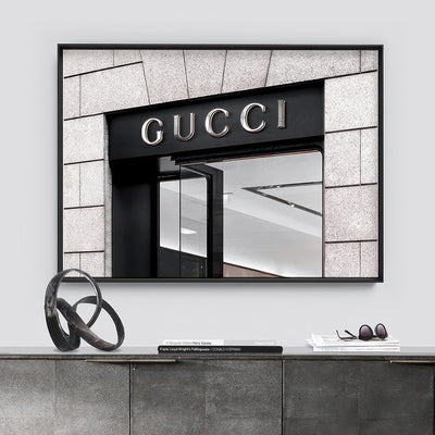 Gucci Entrance Landscape B&W - Art Print, Poster, Stretched Canvas or Framed Wall Art Prints, shown framed in a room