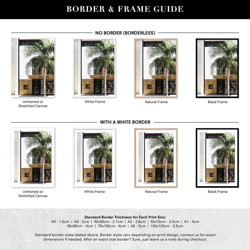 Mon Cheri Rodeo Drive II - Art Print, Poster, Stretched Canvas or Framed Wall Art, Showing White , Black, Natural Frame Colours, No Frame (Unframed) or Stretched Canvas, and With or Without White Borders