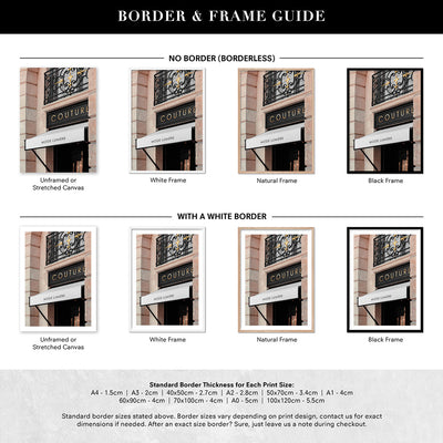 Couture Facade in Blush - Art Print, Poster, Stretched Canvas or Framed Wall Art, Showing White , Black, Natural Frame Colours, No Frame (Unframed) or Stretched Canvas, and With or Without White Borders