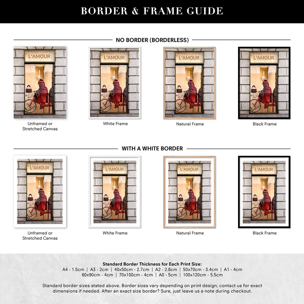 L'Amour En Rouge - Art Print, Poster, Stretched Canvas or Framed Wall Art, Showing White , Black, Natural Frame Colours, No Frame (Unframed) or Stretched Canvas, and With or Without White Borders