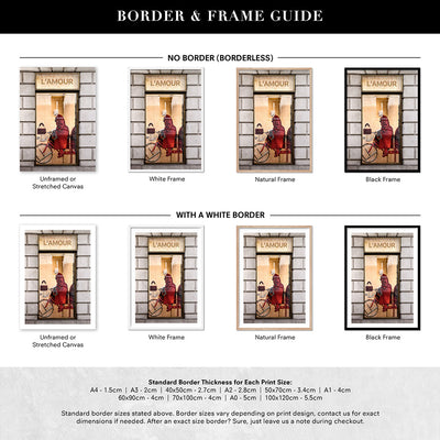 L'Amour En Rouge - Art Print, Poster, Stretched Canvas or Framed Wall Art, Showing White , Black, Natural Frame Colours, No Frame (Unframed) or Stretched Canvas, and With or Without White Borders