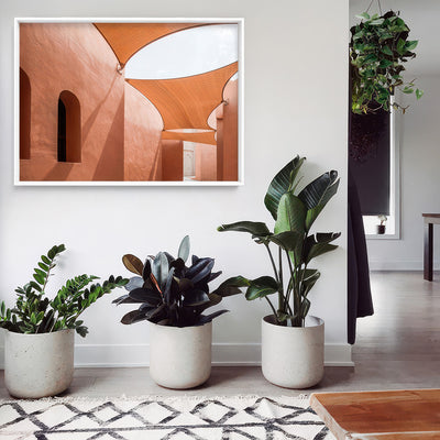 Terracotta Hideaway in Morocco - Art Print, Poster, Stretched Canvas or Framed Wall Art, shown framed in a home interior space