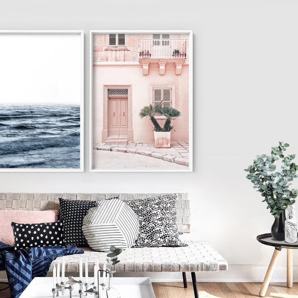 Boho Blush Terrace - Art Print, Poster, Stretched Canvas or Framed Wall Art, shown framed in a home interior space