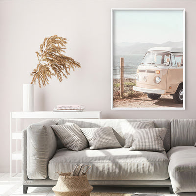 Kombi | Vintage Grainy Photo in Pastel Pink - Art Print, Poster, Stretched Canvas or Framed Wall Art Prints, shown framed in a room