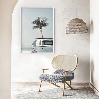 Kombi | Sea Green Surfer Van III - Art Print, Poster, Stretched Canvas or Framed Wall Art Prints, shown framed in a room