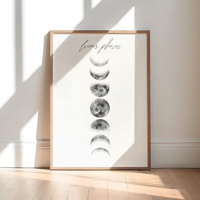 Lunar Moon Phases - Art Print, Poster, Stretched Canvas or Framed Wall Art Prints, shown framed in a room