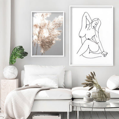 Naked Nude Line Drawing IV - Art Print, Poster, Stretched Canvas or Framed Wall Art, shown framed in a home interior space