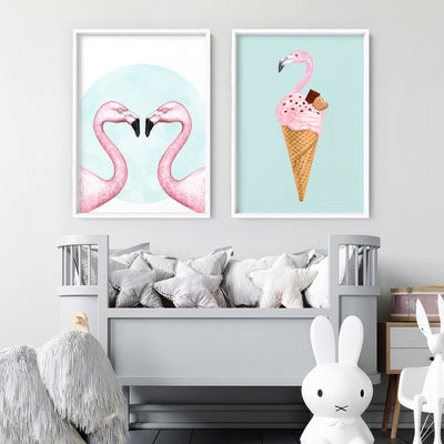 Flamingo Love - Art Print, Poster, Stretched Canvas or Framed Wall Art, shown framed in a home interior space