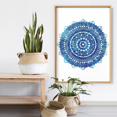 Mandala Watercolour Blues II - Art Print, Poster, Stretched Canvas or Framed Wall Art Prints, shown framed in a room