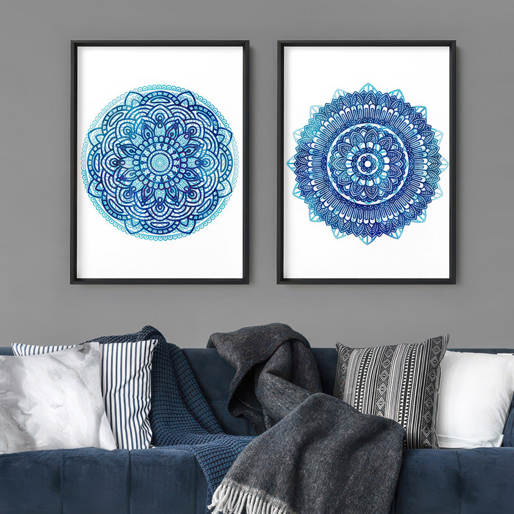 Mandala Watercolour Blues II - Art Print, Poster, Stretched Canvas or Framed Wall Art, shown framed in a home interior space