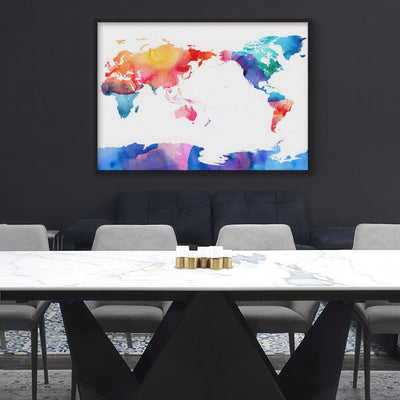 World Map Rainbow Watercolour - Art Print, Poster, Stretched Canvas or Framed Wall Art, shown framed in a home interior space