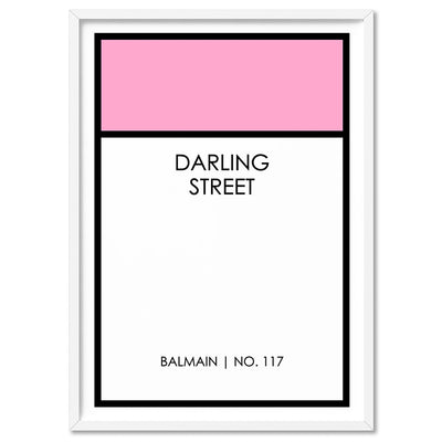 Custom Monopoly Street Name - Art Print, Poster, Stretched Canvas, or Framed Wall Art Print, shown in a white frame