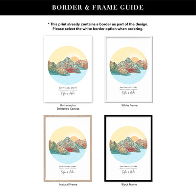 Custom Travel Map | Mountain Sunset  - Art Print, Poster, Stretched Canvas or Framed Wall Art, Showing White , Black, Natural Frame Colours, No Frame (Unframed) or Stretched Canvas, and With or Without White Borders