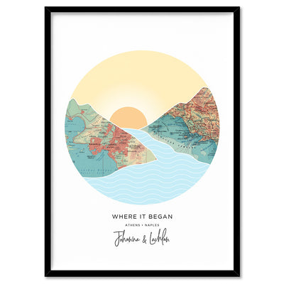 Custom Travel Map | Mountain Sunset  - Art Print, Poster, Stretched Canvas, or Framed Wall Art Print, shown in a black frame