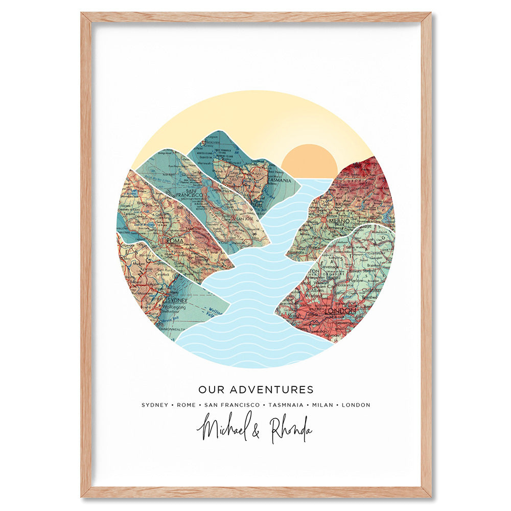 Custom Travel Map | Mountain Sunset  - Art Print, Poster, Stretched Canvas, or Framed Wall Art Print, shown in a natural timber frame