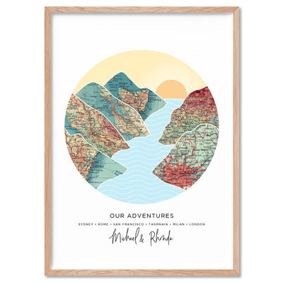 Custom Travel Map | Mountain Sunset  - Art Print, Poster, Stretched Canvas, or Framed Wall Art Print, shown in a natural timber frame