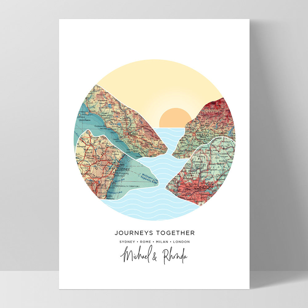 Custom Travel Map | Mountain Sunset  - Art Print, Poster, Stretched Canvas, or Framed Wall Art Print, shown as a stretched canvas or poster without a frame