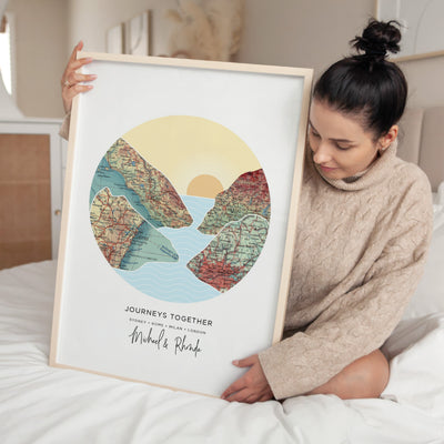 Custom Travel Map | Mountain Sunset  - Art Print, Poster, Stretched Canvas or Framed Wall Art Prints, shown framed in a room
