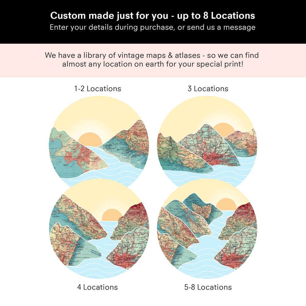 Custom Travel Map | Mountain Sunset  - Art Print, Poster, Stretched Canvas or Framed Wall Art, Close up View of Print Resolution