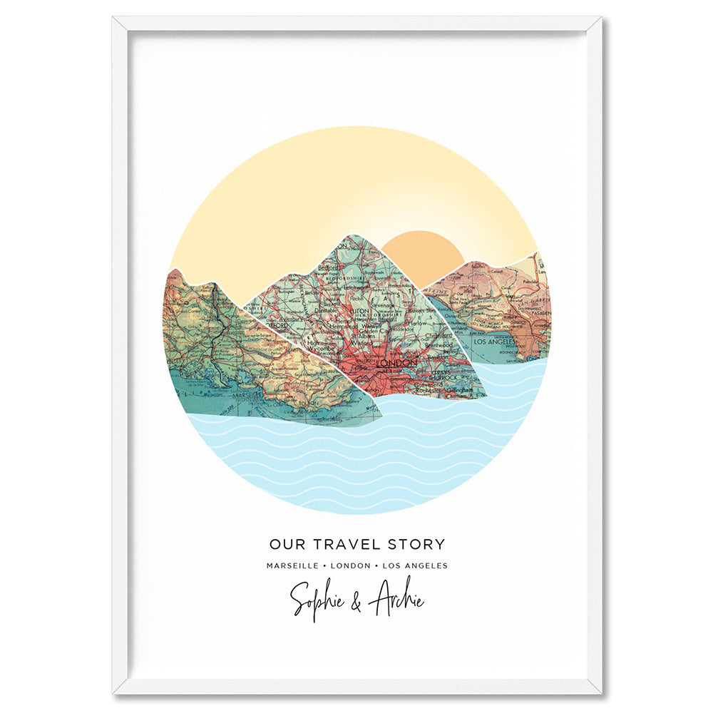 Custom Travel Map | Mountain Sunset  - Art Print, Poster, Stretched Canvas, or Framed Wall Art Print, shown in a white frame