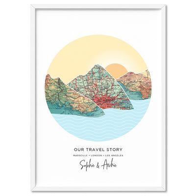 Custom Travel Map | Mountain Sunset  - Art Print, Poster, Stretched Canvas, or Framed Wall Art Print, shown in a white frame