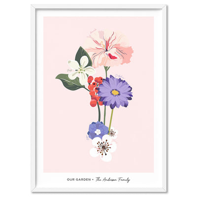Family Birth Flowers | Modern - Art Print, Poster, Stretched Canvas, or Framed Wall Art Print, shown in a white frame