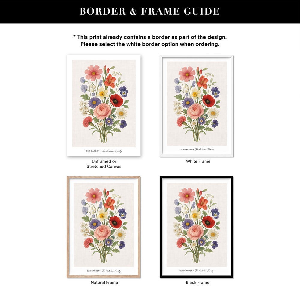 Family Birth Flowers | Vintage Bouquet - Art Print, Poster, Stretched Canvas or Framed Wall Art, Showing White , Black, Natural Frame Colours, No Frame (Unframed) or Stretched Canvas, and With or Without White Borders
