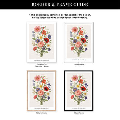 Family Birth Flowers | Vintage Bouquet - Art Print, Poster, Stretched Canvas or Framed Wall Art, Showing White , Black, Natural Frame Colours, No Frame (Unframed) or Stretched Canvas, and With or Without White Borders