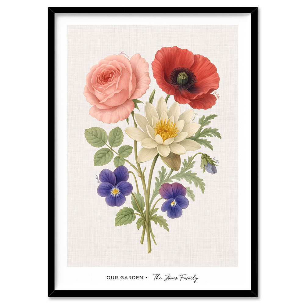 Family Birth Flowers | Vintage Bouquet - Art Print, Poster, Stretched Canvas, or Framed Wall Art Print, shown in a black frame