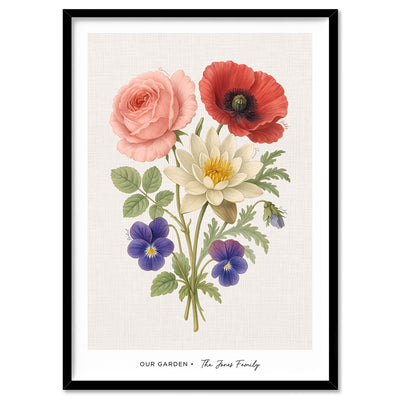 Family Birth Flowers | Vintage Bouquet - Art Print, Poster, Stretched Canvas, or Framed Wall Art Print, shown in a black frame