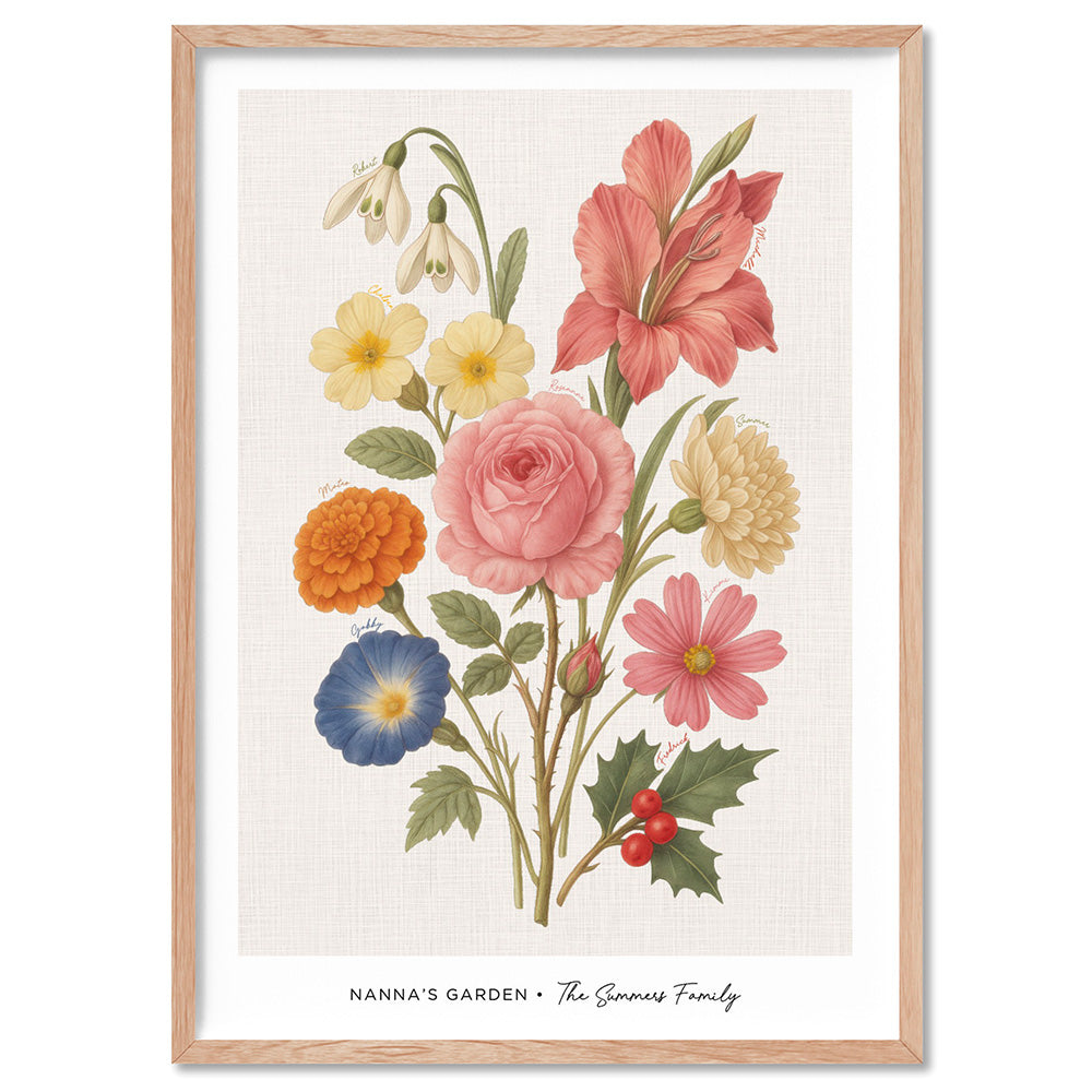 Family Birth Flowers | Vintage Bouquet - Art Print, Poster, Stretched Canvas, or Framed Wall Art Print, shown in a natural timber frame