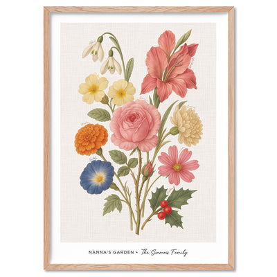 Family Birth Flowers | Vintage Bouquet - Art Print, Poster, Stretched Canvas, or Framed Wall Art Print, shown in a natural timber frame