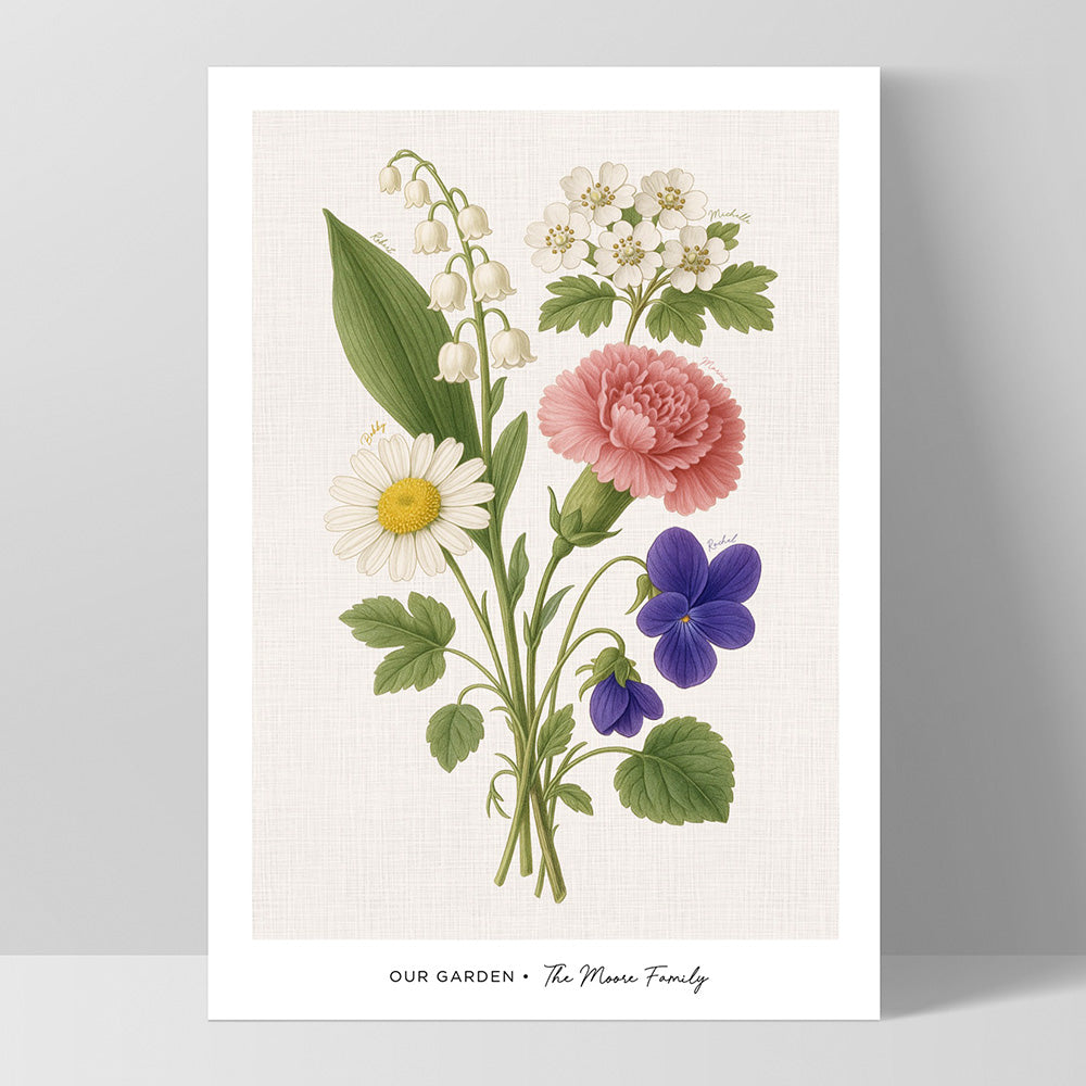 Family Birth Flowers | Vintage Bouquet - Art Print, Poster, Stretched Canvas, or Framed Wall Art Print, shown as a stretched canvas or poster without a frame