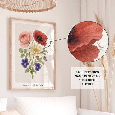 Family Birth Flowers | Vintage Bouquet - Art Print, Poster, Stretched Canvas or Framed Wall Art Prints, shown framed in a room