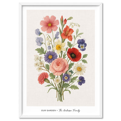 Family Birth Flowers | Vintage Bouquet - Art Print, Poster, Stretched Canvas, or Framed Wall Art Print, shown in a white frame