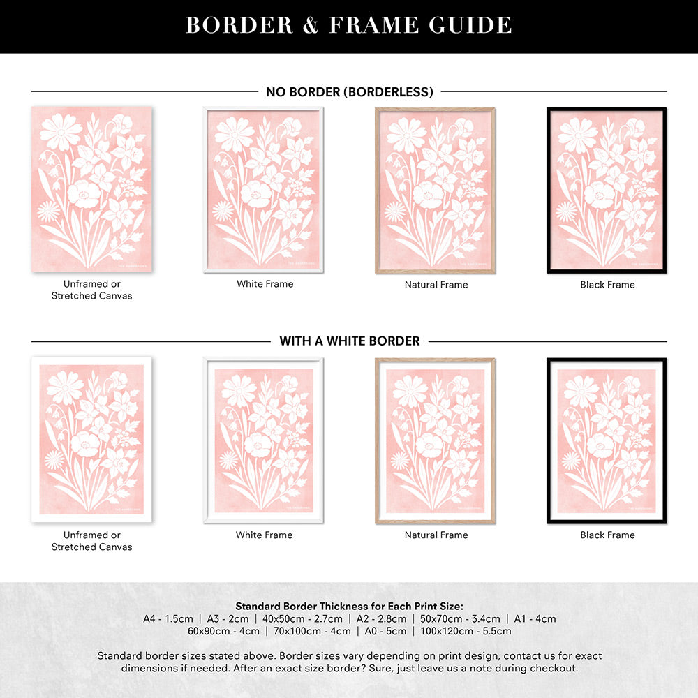 Family Birth Flowers | Minimalist Bouquet - Art Print, Poster, Stretched Canvas or Framed Wall Art, Showing White , Black, Natural Frame Colours, No Frame (Unframed) or Stretched Canvas, and With or Without White Borders