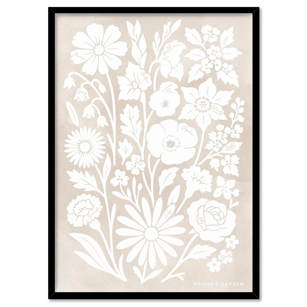 Family Birth Flowers | Minimalist Bouquet - Art Print, Poster, Stretched Canvas, or Framed Wall Art Print, shown in a black frame