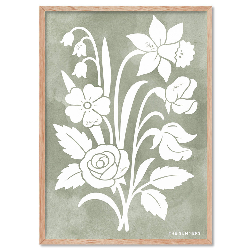 Family Birth Flowers | Minimalist Bouquet - Art Print, Poster, Stretched Canvas, or Framed Wall Art Print, shown in a natural timber frame