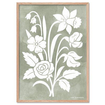 Family Birth Flowers | Minimalist Bouquet - Art Print, Poster, Stretched Canvas, or Framed Wall Art Print, shown in a natural timber frame