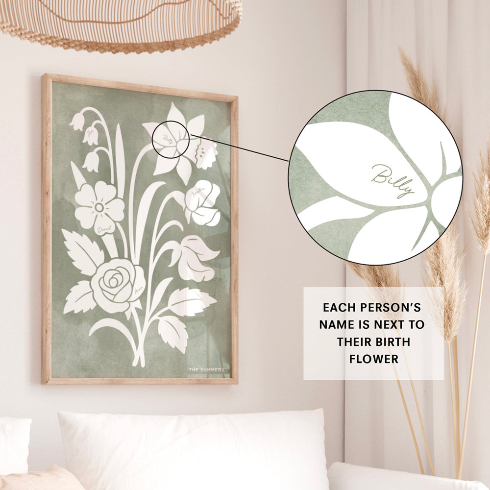 Family Birth Flowers | Minimalist Bouquet - Art Print, Poster, Stretched Canvas or Framed Wall Art Prints, shown framed in a room
